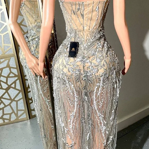 Elegant Silver Embellished Evening Dress - Picture 3 of 7